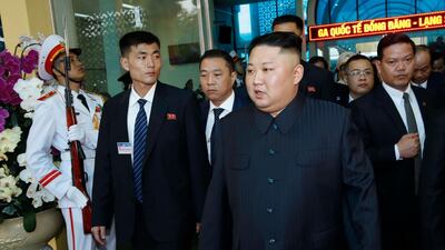 Kim Jong-un walks through the Dong Dang Railway Station. EPA