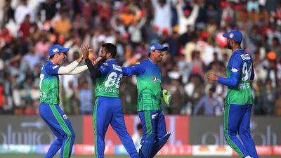 Multan Sultans pacer Bilawal Bhatti, second left, celebrates the dismissal of Quetta Gladiators batsman Jason Roy on Saturday. AP