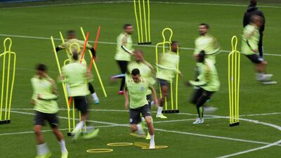 The Manchester City squad training ahead of their Champions League clash against Dinamo Zagreb on Tuesday. Reuters