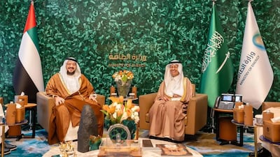 Mohamed Alsuwaidi, UAE Minister of Investment, and Prince Abdulaziz bin Salman, Minister of Energy and Minister of Industry and Mineral Resources, in Riyadh at the signing. Wam