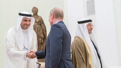 Vladimir Putin, President of Russia (second left) greets Sheikh Tahnoon bin Zayed, UAE National Security Advisor (left), at the Kremlin. They are seen with Dr Anwar Gargash, UAE Minister of State for Foreign Affairs (right). Rashed Al Mansoori / Crown Prince Court - Abu Dhabi