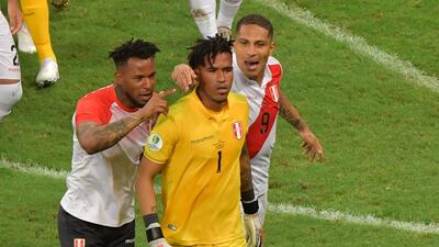 Peru goalkeeper Pedro Gallese and teammates celebrate the penalty shootout win over Uruguay. AFP