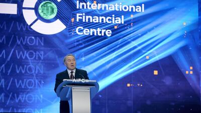 The Kazakh president delivers a speech.