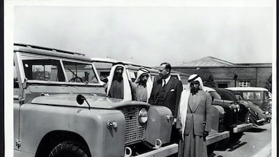 Sheikh Rashid, Ruler of Dubai, looks at a Land Rover on a trip to the UK in June, 1959. Crown Copyright Images