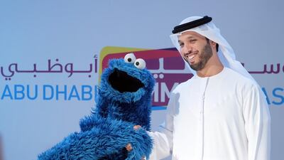 Mubarak Al Shamsi, Abu Dhabi Convention Bureau director, and Kaaki from Sesame Street announce the line-up. Delores Johnson / The National