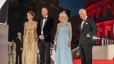 Kate and William attend the 'No Time To Die' world premiere at the Royal Albert Hall on September 28, 2021, alongside Camilla, Duchess of Cornwall, and Prince Charles. Getty Images