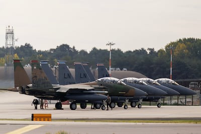 F15's manoeuvre at RAF Lakenheath after security measures were stepped up at UK military bases that support US forces following a major incident at RAF Fairford. Getty Images