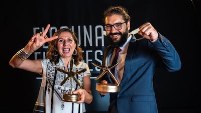 '200 Metres' producer May Odeh, left, and director Ameen Nayfeh have received three prizes including Best Actor, on behalf of Ali Suliman, and the Cinema for Humanity award. El Gouna Film Festival