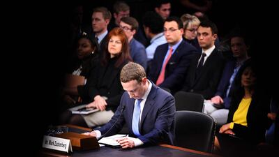 Facebook CEO Mark Zuckerberg testifies during a Senate Commerce, Science and Transportation Committee and Senate Judiciary Committee. Jim Watson / AFP
