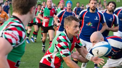 The Jebel Ali Dragons and Abu Dhabi Harliquins in action at the West Asia Cup final on Friday. Duncan Chard for the National