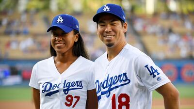 Osaka poses with Los Angeles Dodgers' Kenta Maeda. AP Photo