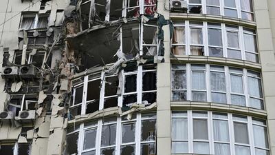 A residential building damaged by a Russian drone in Kyiv. AFP