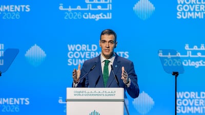 Spanish Prime Minister Pedro Sanchez speaks at the summit. Victor Besa / The National