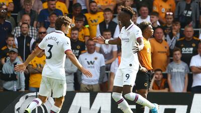 Chelsea's English striker Tammy Abraham celebrates with Marcos Alonso after scoring their second goal. AFP
