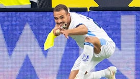 Israel forward Sayed Abu Farhi was sent off for this goal celebration where he appeared to mimick using a gun. AFP