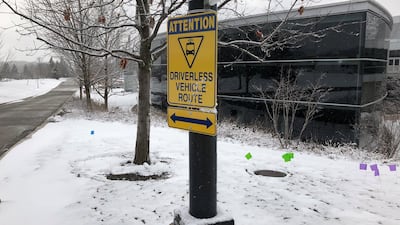 A sign marks part of a route used to test a driverless electric shuttle in Ann Arbor, Michigan, US. Some experts warn that robot drivers could be susceptible to solar storms. Paul Lienert/Reuters
