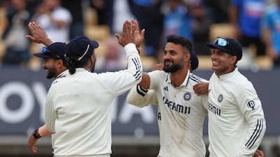 India's Akash Deep, second right, celebrates with teammates after the dismissal of England's Jamie Smith on day five of the second cricket test match between England and India at Edgbaston in Birmingham, England, Sunday, July 6, 2025. (AP Photo / Scott Heppell)