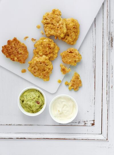 Sweetcorn fritters. Courtesy The Baby-led Weaning Quick and Easy Recipe Book by Gill Rapley and Tracey Murkett (Vermilion)