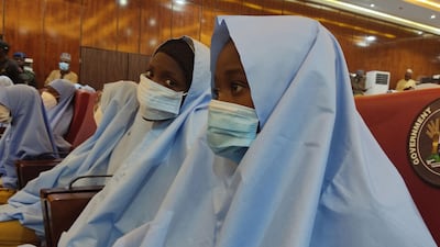 A group of girls previously kidnapped from their boarding school in northern Nigeria are seen at the Government House in Gusau, Zamfara State upon their release. AFP