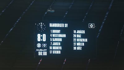 Picture shows the result sign after the German first division Bundesliga football match FC Bayern Munich vs Hamburger SV at the Allianz Arena in Munich, southern Germany, on February 14, 2015. AFP PHOTO / CHRISTOF STACHE