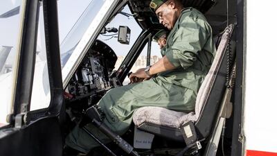 Brig Pilot Anas Al Matroushi, director of the Transport and Rescue Department, inside Dubai Police’s patrol helicopter.
