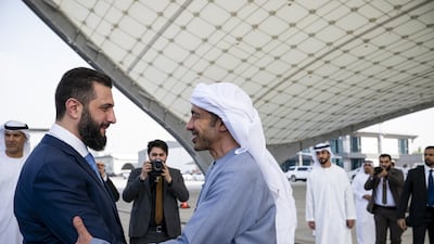 Sheikh Abdullah bin Zayed, UAE Deputy Prime Minister and Minister of Foreign Affairs receives Mr Al Shara on his arrival to the UAE