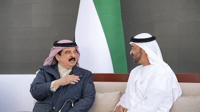Sheikh Mohamed bin Zayed, Crown Prince of Abu Dhabi and Deputy Supreme Commander of the UAE Armed Forces (right) receives King Hamad bin Isa Al Khalifa, King of Bahrain, during a Sea Palace barza. Ryan Carter for the Ministry of Presidential Affairs
