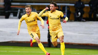 Patrick Berg celebrates scoring against Roma. AP
