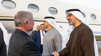Sheikh Khaled bin Mohamed, Crown Prince of Abu Dhabi and Chairman of Abu Dhabi Executive Council, greets King Abdullah. Mohamed Al Hammadi / UAE Presidential Court
