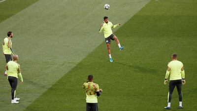 Manchester City's Riyad Mahrez heading the ball during training on Tuesday. Reuters