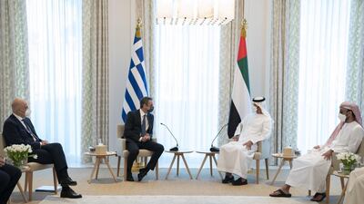 Sheikh Mohamed bin Zayed, Crown Prince of Abu Dhabi and Deputy Supreme Commander of the UAE Armed Forces, meets Kyriakos Mitsotakis, the Prime Minister of Greece, on Wednesday. Courtesy: Sheikh Mohamed bin Zayed Twitter