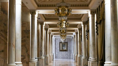 The banquet corridor leading to the Liwa Majlis and Dar El Istiqbal ballroom at the hotel.