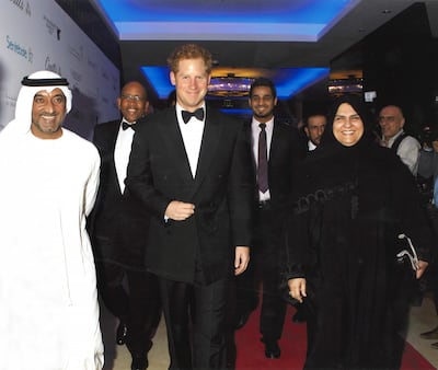 Dr Raja Al Gurg with Sheikh Ahmed bin Saeed Al Maktoum (left) and Prince Harry in Dubai