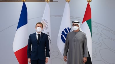 Sheikh Mohamed bin Zayed, Crown Prince of Abu Dhabi and Deputy Supreme Commander of the Armed Forces, with French President Emmanuel Macron at the Leadership Pavilion at Expo 2020 Dubai. Photo: Ministry of Presidential Affairs