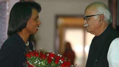 US Secretary of State Condoleezza Rice speaks with India's main opposition Bharatiya Janata Party leader Lal Krishna Advani.