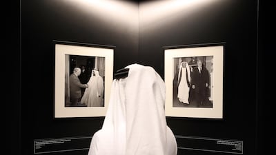 Photographs in Dialogue at the Etihad Museum documents the diplomatic relationship between the UK and the UAE, from the 1960s and '70s to the foundation of the country in 1971. One section features pictures of Sheikh Zayed and Sheikh Rashid with British Prime Minster Harold Wilson in 1969. Chris Whiteoak / The National
