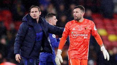 Soccer Football - Premier League - Watford v Chelsea - Vicarage Road, Watford, Britain - November 2, 2019 Chelsea manager Frank Lampard and Watford's Ben Foster at the end of the match Action Images via Reuters/Andrew Boyers EDITORIAL USE ONLY. No use with unauthorized audio, video, data, fixture lists, club/league logos or "live" services. Online in-match use limited to 75 images, no video emulation. No use in betting, games or single club/league/player publications. Please contact your account representative for further details.
