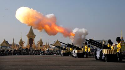 Artillery fires salute at the start of the royal cremation ceremony near the Royal Palace in Bangkok, Thailand. Rungroj Yongrit / EPA