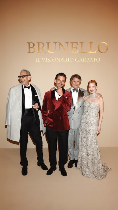 Jeff Goldblum, Jonathan Bailey, Brunello Cucinelli and Jessica Chastain at the film premiere. Photo: Brunello Cucinelli