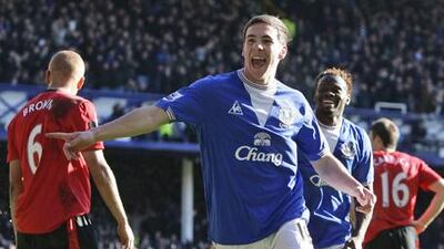 Everton's Dan Gosling celebrates the goal that put Everton 2-1 up at Goodison Park yesterday.