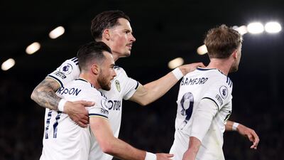 Leeds' Jack Harrison celebrates with Robin Koch and Patrick Bamford after levelling at 1-1. Getty