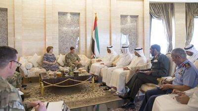 Sheikh Mohamed bin Zayed, Crown Prince of Abu Dhabi and Deputy Supreme Commander of the Armed Forces, meets General Joseph Votel, Commander of the United States Central Command, sixth from right, at the Beach Palace. With them are Barbara Leaf, US Ambassador to the UAE, seventh right,, Mohamed Ahmad Al Bowardi, Minister of State for Defence Affairs), Yousef Al Otaiba, UAE Ambassador to the US and Mexico, Staff Major General Juma Al Bowardi, Commander of the UAE Armed Forces Land Forces, and Major General Essa Saif Al Mazrouei, Deputy Chief of Staff of the Armed Forces. Mohamed Al Hammadi / Crown Prince Court - Abu Dhabi