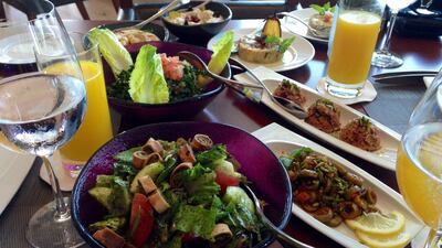 The cold mezzeh, one of the four courses in the Fan Labnan set brunch at Sambusek, the Lebanese restaurant at Rosewood Abu Dhabi. (Christine Iyer / The National)