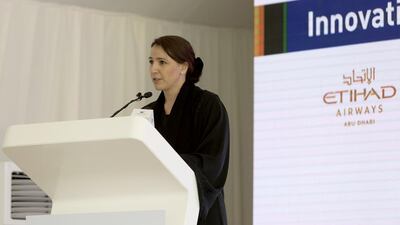 Maryam Hareb, Assistant Undersecretary of the Water Resources and Nature Conservation Affairs Department at the Ministry of Environment and Water, delivers a speech during the launch event of the world’s first research facility that harmoniously grows food and biomass for fuel production. Antonie Robertson / The National