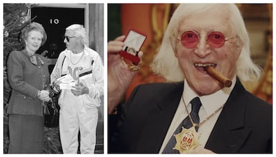 UK Prime Minister Margaret Thatcher was one of Savile's close friends and was instrumental in securing him an OBE and a knighthood. Getty Images, Netflix