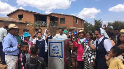 Safe Water Cube a filtration technology for surface water is one of many sustainable solutions to be distributed to 20 countries by the end of 2020. Courtesy of Zayed Sustainability Prize / The National.