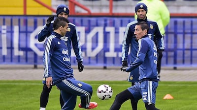 Argentina's Angel Di Maria, right, and Sergio Aguero take part in a training session on Wednesday in Chile ahead of Saturday's Copa America final. Luis Acosta / AFP