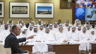 Dr Robert Ballard, president of the Ocean Exploration Trust, left, speaks on the importance of the seas to the future, at Sheikh Mohammed bin Zayed’s Majlis. Sharina Lootah / Crown Prince Court – Abu Dhabi