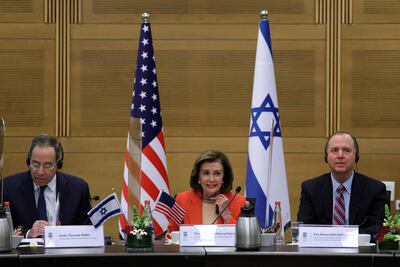 Nancy Pelosi, Speaker of the US House of Representatives, between House Armed Services Committee chairman Adam Smith, right, and US ambassador to Israel Thomas Nides during a meeting at the Knesset in Jerusalem on February 16. AFP