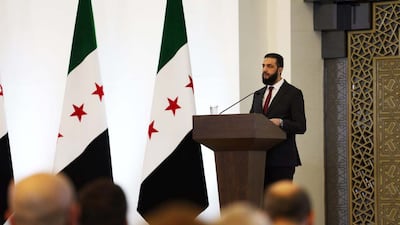 Syria's interim President Ahmad Al Shara speaks at the national dialogue conference held in Damascus in February. Syrian Arab News Agency